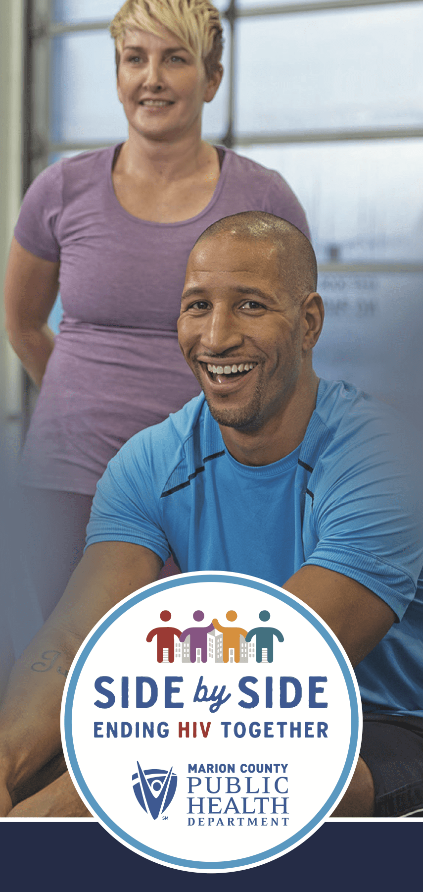 Two individuals working out together and smiling, facing the camera. SIDE by SIDE, Ending HIV Together. Marion County Public Health Department.